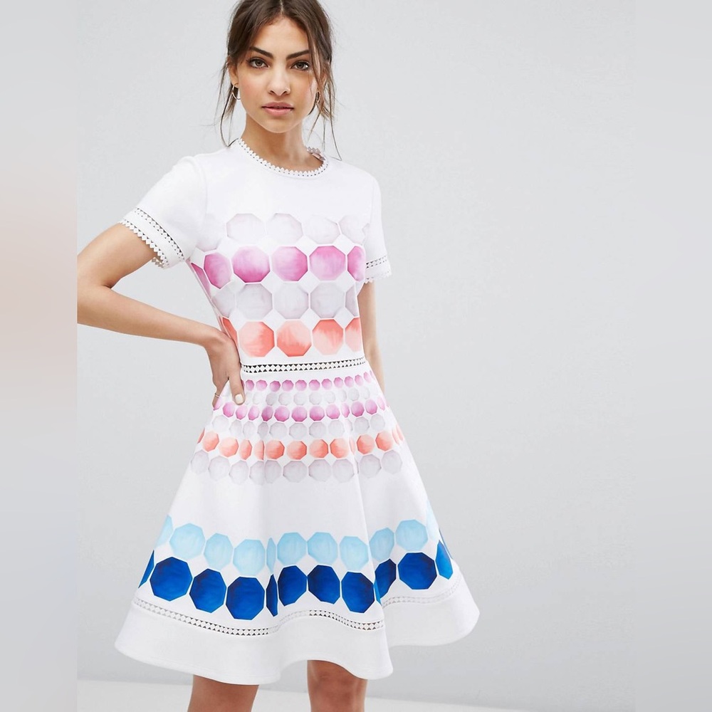 Ted Baker White Dress with Pink, Coral and Blue Hexagon Print - Picture 2 of 14